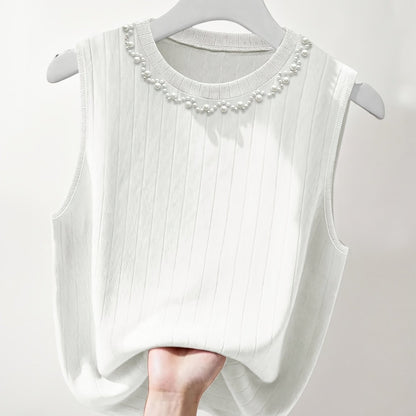 Damen Elegantes Stricktop mit Perlenbesatz, Ärmellos, Perfekt für Alltag und Büro