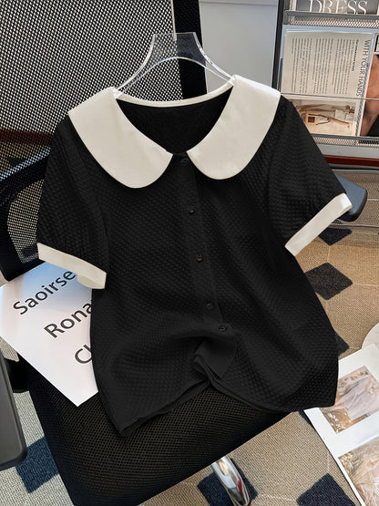 Damen Bluse im Vintage-Stil mit Kontrastkragen und kurzen Ärmeln – Elegante Alltagsmode