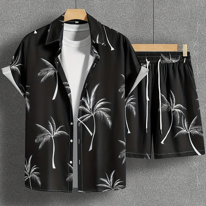 Herren Set Kurzarm Hemd und Shorts mit Palmenmuster – Lässiges Urlaubsoutfit