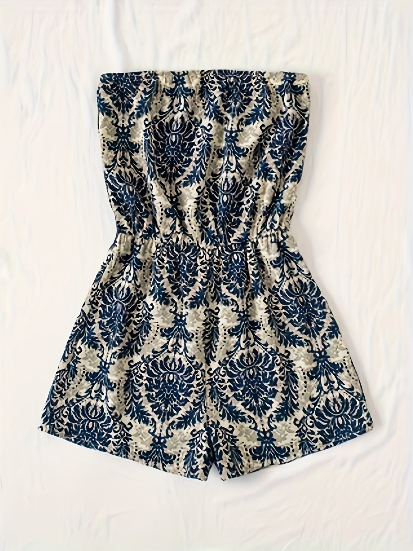 Damen Bandeau Jumpsuit mit Damastmuster – Eleganter Sommer Overall für Freizeit und Urlaub