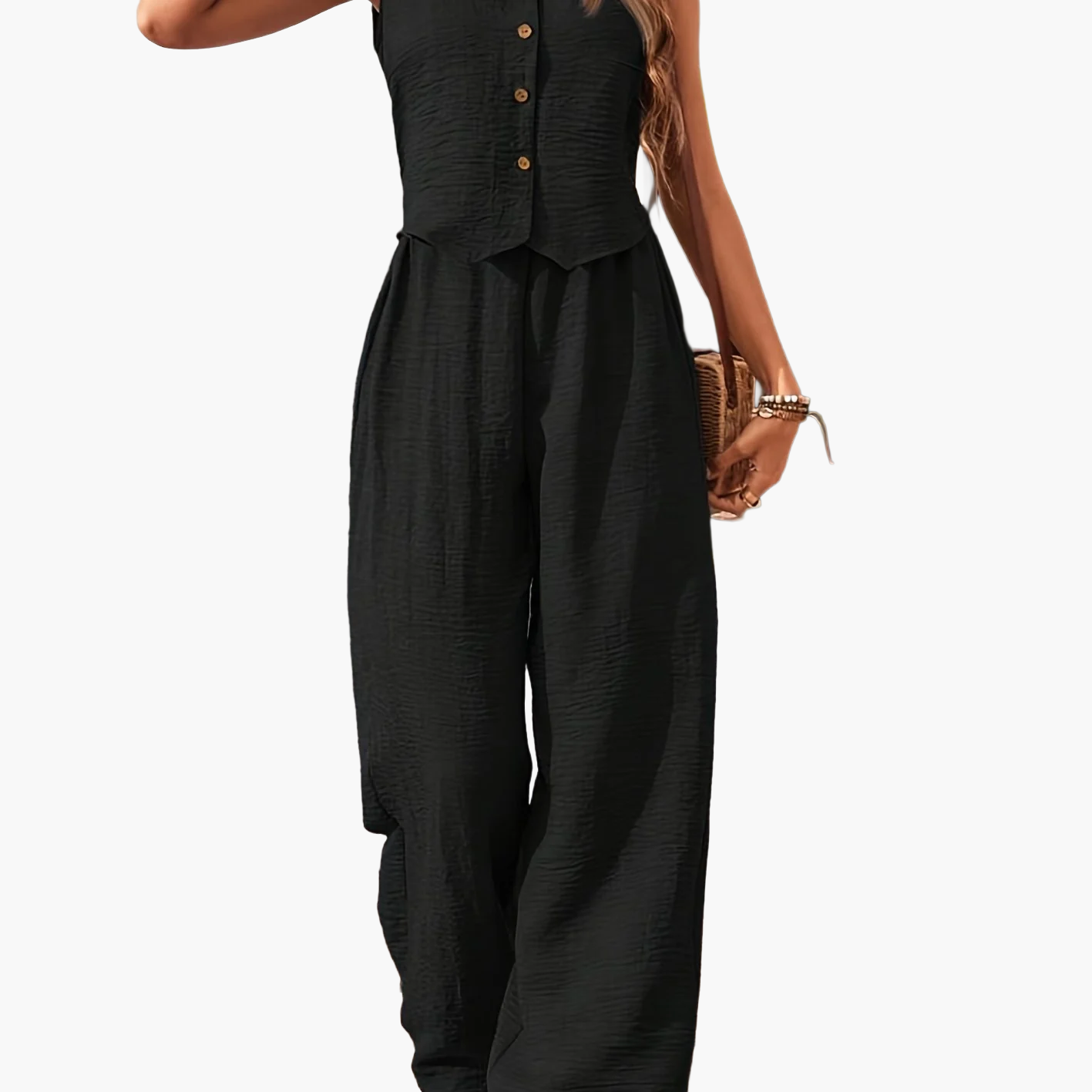 Damen Eleganter Zweiteiler Jumpsuit mit Weste und Weiten Hosen – Freizeit & Sommer Outfit