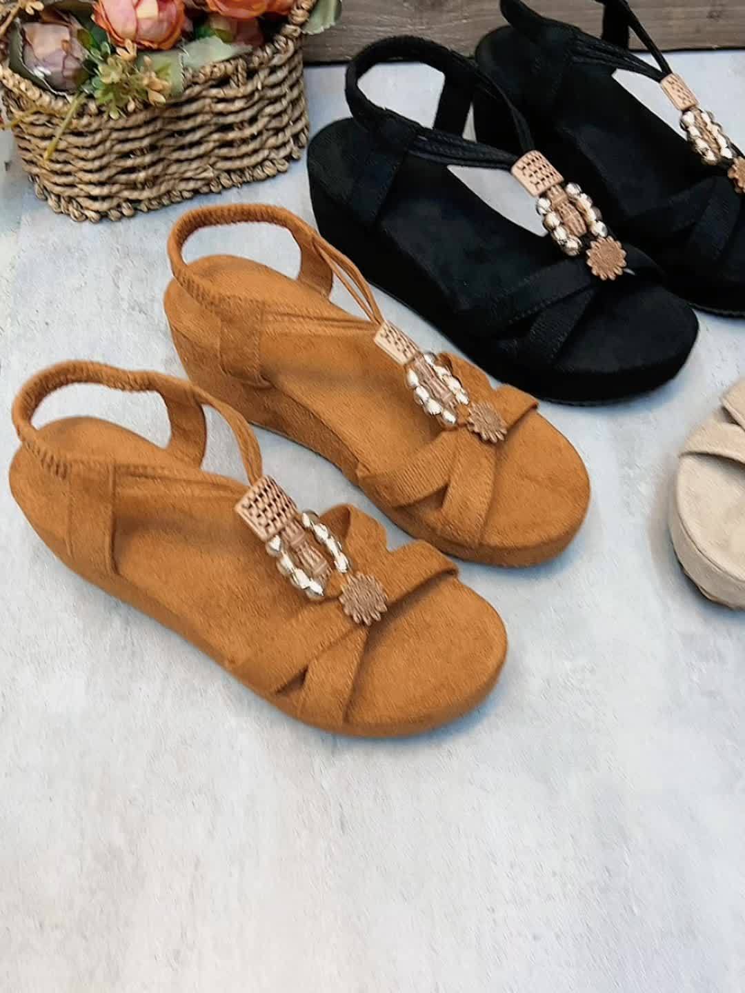 Damen Plateau-Sandalen mit Schmucksteinen und Vintage-Stil – Bequeme Sommerschuhe für Freizeit und Urlaub