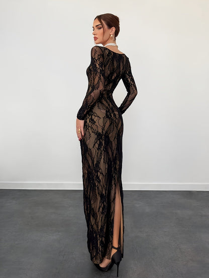 Damen Elegantes Bodycon Abendkleid mit Spitze und Langarm – Perfekt für besondere Anlässe