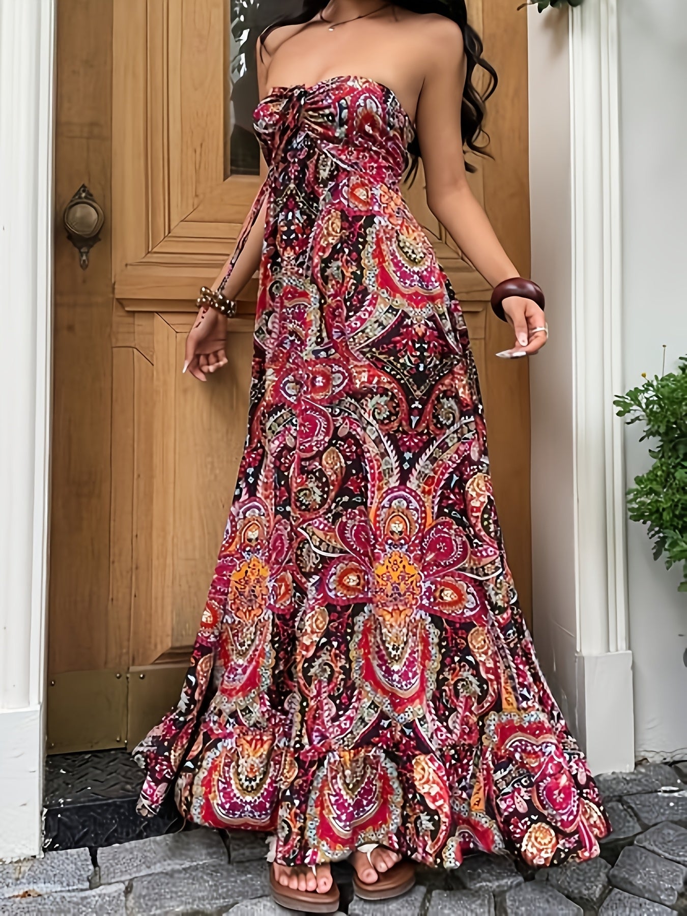 Damen Boho Maxikleid Bandeau mit Paisley Muster – Eleganter Freizeit-Look