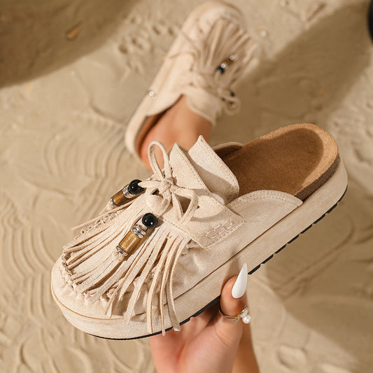 Damen Mokassin Hausschuhe mit Fransen und Perlen – Bequeme Vintage Slipper für Alltag und Freizeit