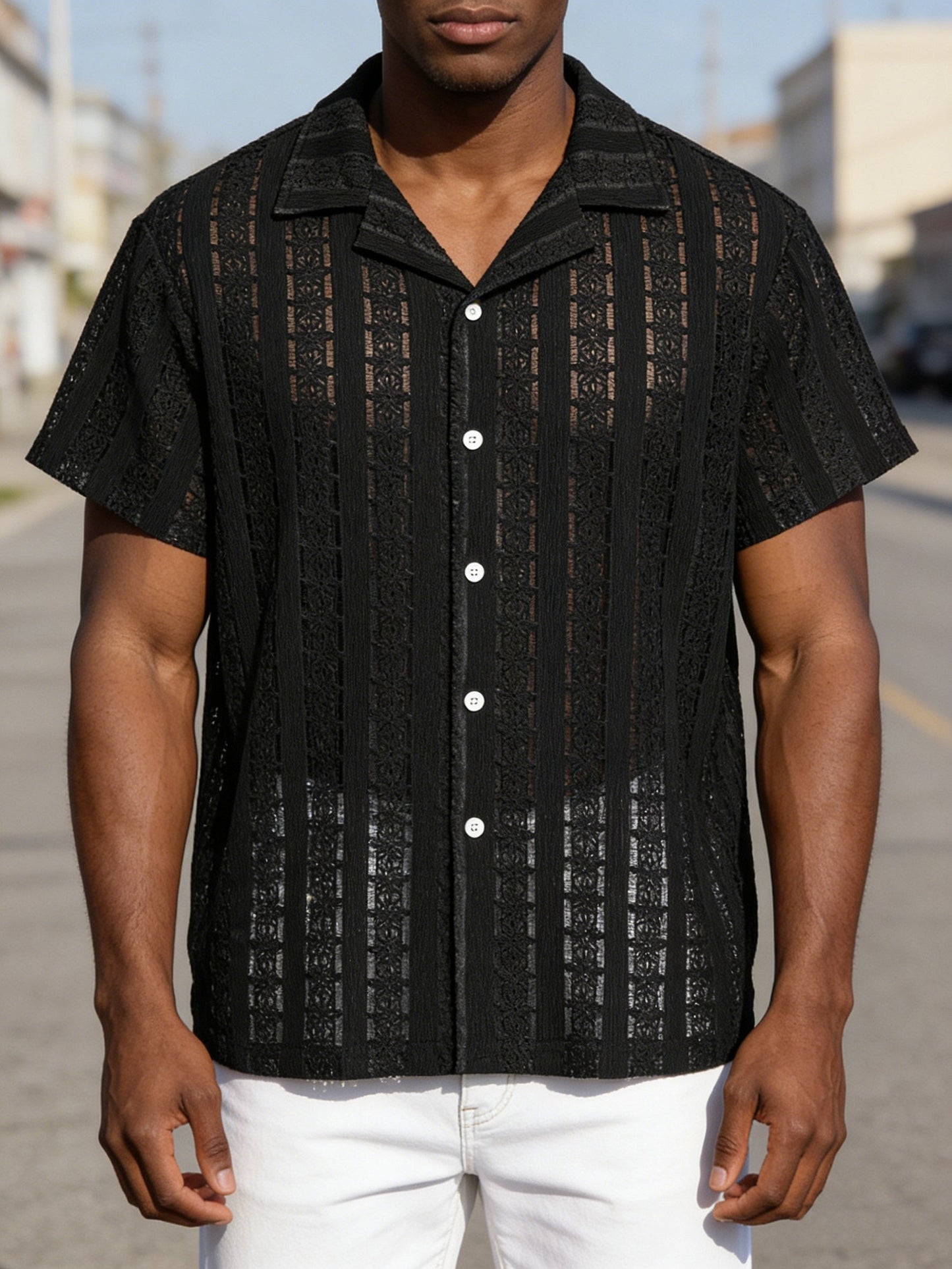 Herren Kurzarm Resorthemd mit Spitze – Eleganter Freizeitstil für Sommer und Urlaub