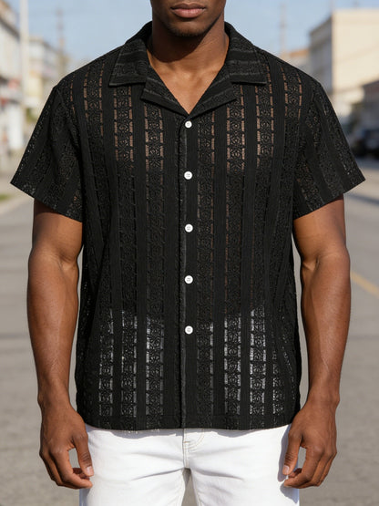 Herren Kurzarm Resorthemd mit Spitze – Eleganter Freizeitstil für Sommer und Urlaub