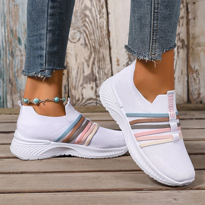Damen Slip-On Sneakers Freizeit Bequeme Low-Top Schuhe mit Streifen-Design