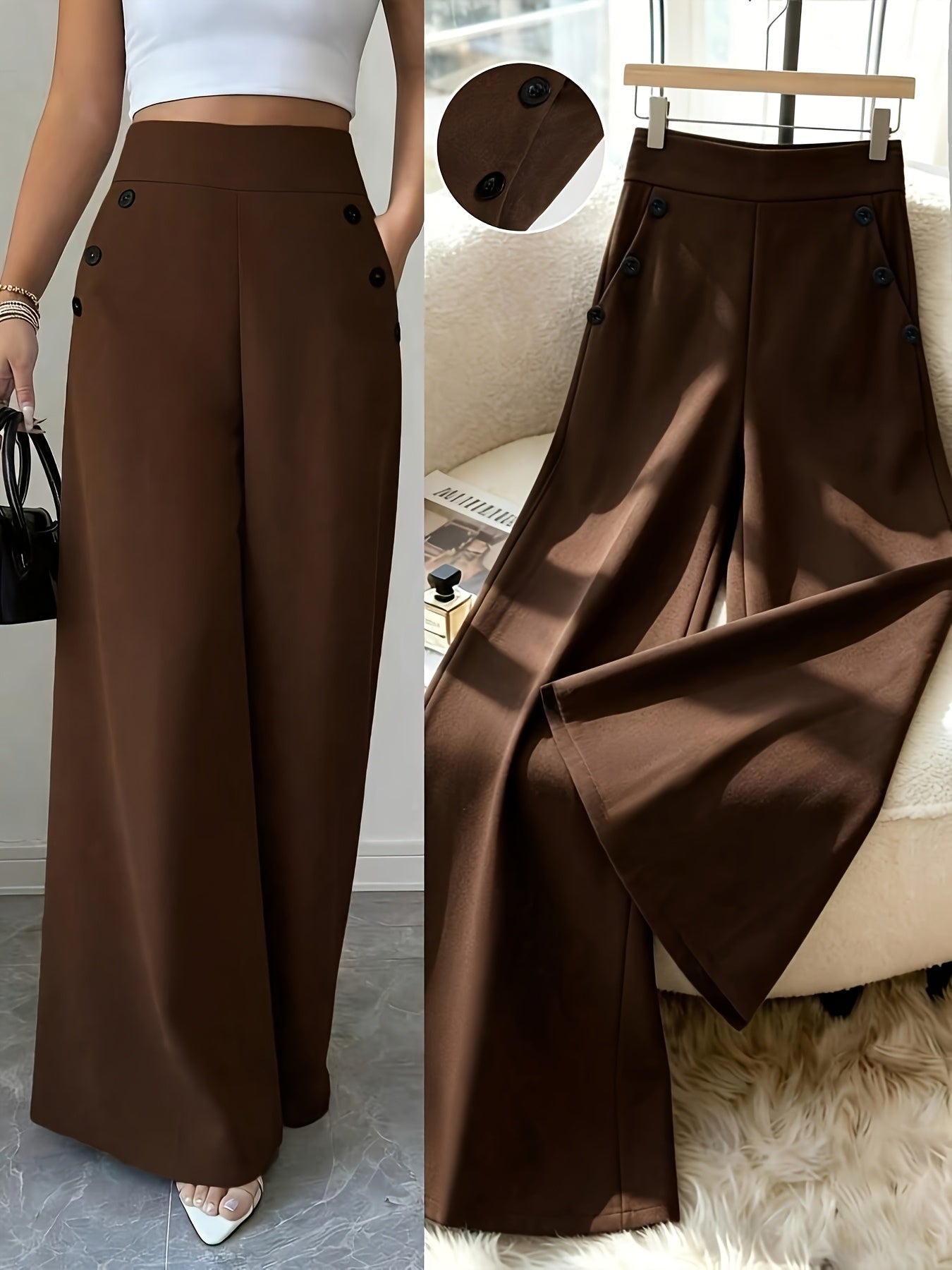 Damen Maritim-Style High-Waist Weitbein-Hose mit Streifen und Knopfdetails