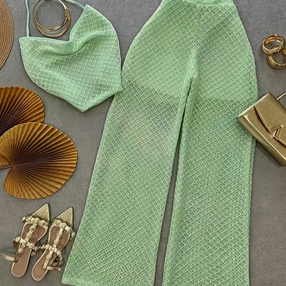 Damen Zweiteiler Set – Elegantes Netz-Top und Weitbeinige Hose für Urlaub & Strand
