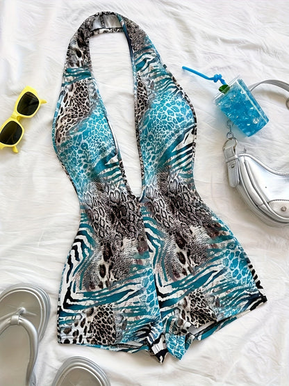 Damen Jumpsuit mit tiefem Ausschnitt und Animalprint – Trendiger Einteiler für Party, Strand & Urlaub
