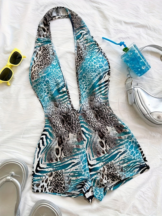 Damen Jumpsuit mit tiefem Ausschnitt und Animalprint – Trendiger Einteiler für Party, Strand & Urlaub