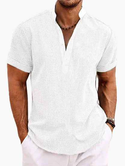 Herren Sommer Veganes Leinenhemd Kurzarm Henley für Freizeit und Urlaub