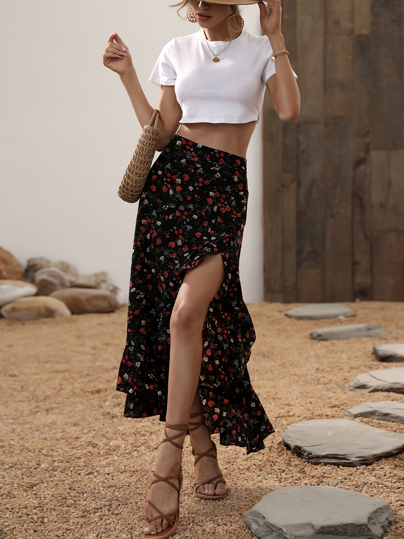 Damen Maxirock mit Blumenmuster und Volant, eleganter Sommerrock mit Schlitz