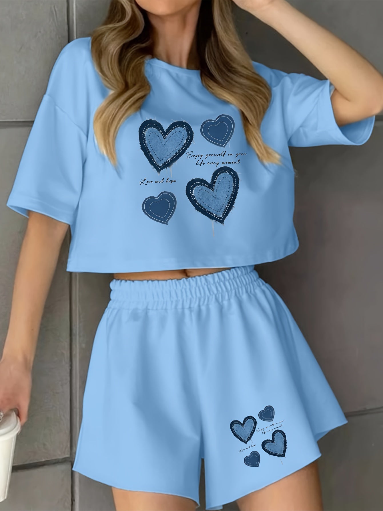 Damen Pyjama-Set mit blauen Herz-Prints – Lässige Homewear für gemütliche Wintertage
