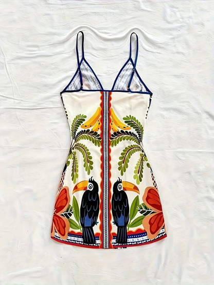 Damen Wickelkleid im Tropischen Stil mit Blumen- und Vogelmotiven
