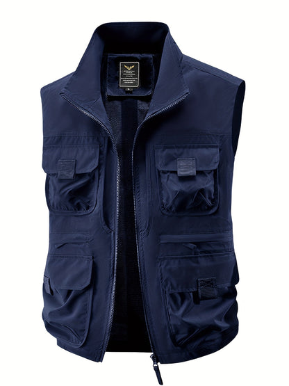 Herren Outdoor Utility Weste mit Stehkragen – Multifunktionsweste für Angeln, Wandern, Freizeit