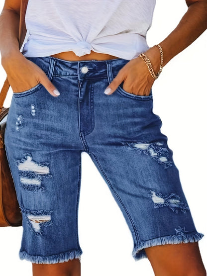Damen Bermuda Jeans Shorts im Destroyed Look – Modische Sommer-Basics mit Fransen und Rissen