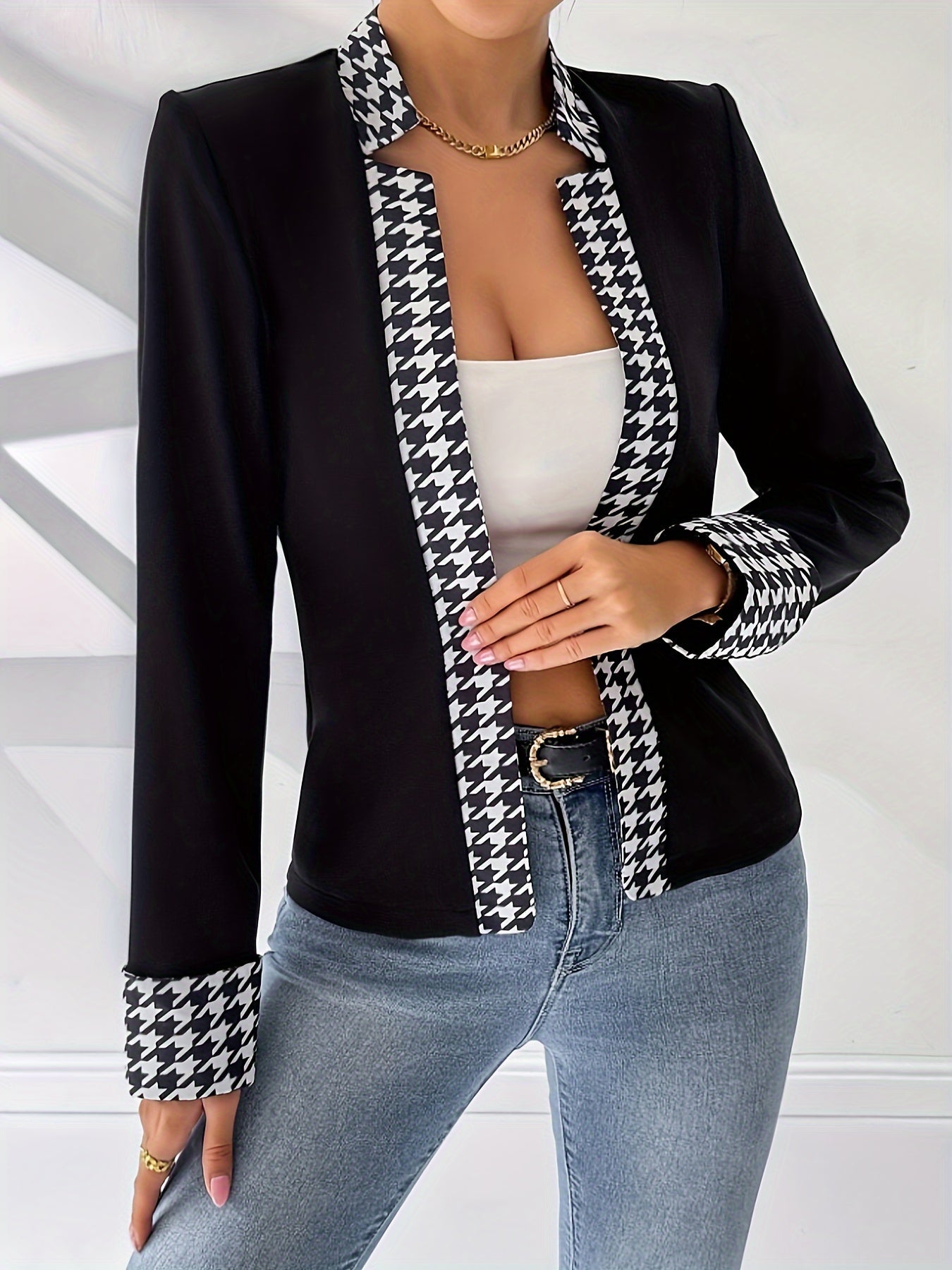 Damen Elegante Hahnentritt Blazerjacke für Büro und Alltag – Stilvoller Business Look