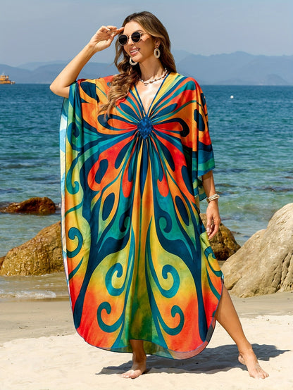 Damen Kaftan Maxi Strandkleid mit Schmetterlings-Print – Boho Urlaubs-Outfit