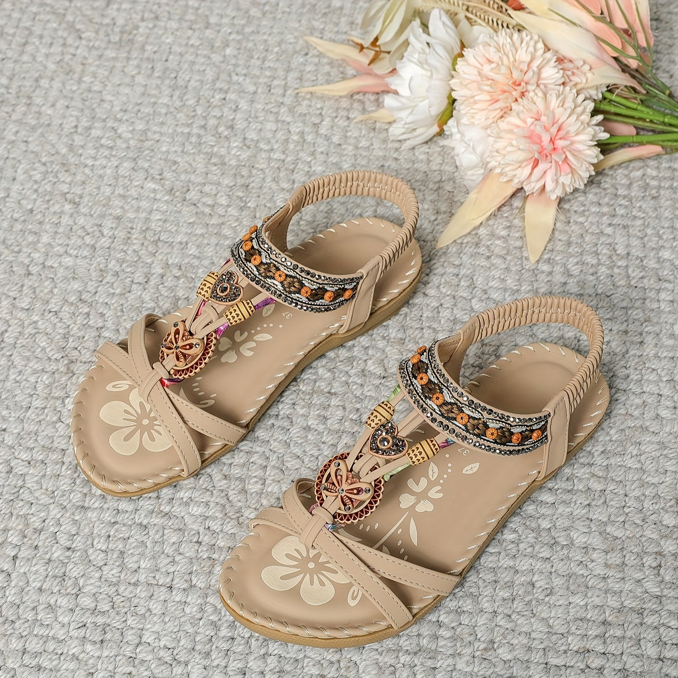 Damen Boho Sandalen mit Perlen und Ornamenten – Bequeme Sommerschuhe für Alltag & Urlaub