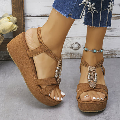 Damen Plateau-Sandalen mit Schmucksteinen und Vintage-Stil – Bequeme Sommerschuhe für Freizeit und Urlaub