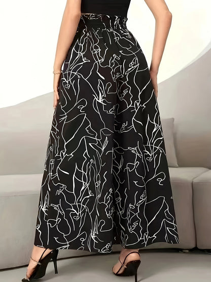 Damen Weite Palazzo-Hose mit Künstlerischem Linienmuster – Modische Statement-Hose für Freizeit und Ausgehen
