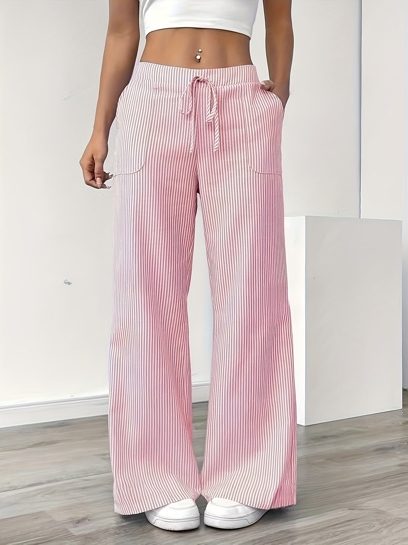 Damen Weite Casual Streifenhose mit Kordelzug – Bequeme Freizeithose für Alltag und Wochenende