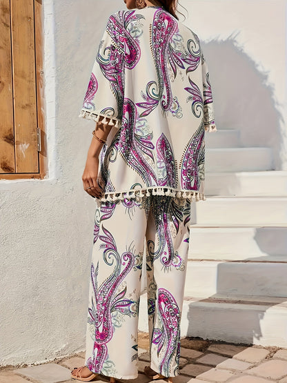 Damen Boho Zweiteiler Set mit Kimono und Weitbein-Hose – Eleganter Paisley Look für Urlaub & Alltag