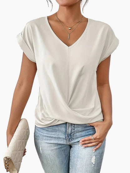 Damen Kurzarm V-Ausschnitt Casual Bluse – Elegantes Freizeitshirt mit modischem Twist-Detail