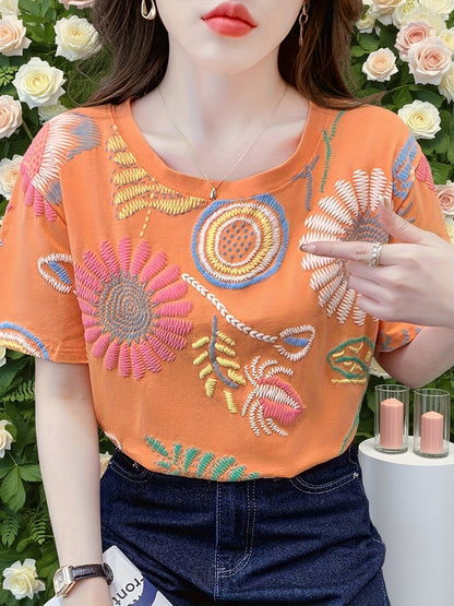 Damen T-Shirt mit bunter Stickerei und floralen Mustern – Sommerliches Freizeitshirt im Boho-Stil