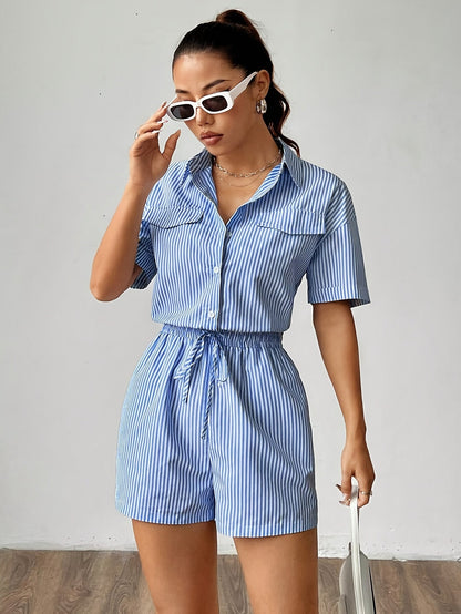 Damen Einteiler Kurzarm Jumpsuit mit Streifen und Kordelzug – Eleganter Freizeit-Look