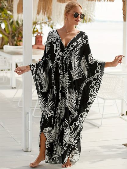Damen Luxus Kaftan Maxikleid mit tropischem Palmen- und Kettenmuster – Eleganter Strand- und Resort-Style