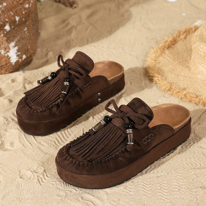 Damen Mokassin Hausschuhe mit Fransen und Perlen – Bequeme Vintage Slipper für Alltag und Freizeit