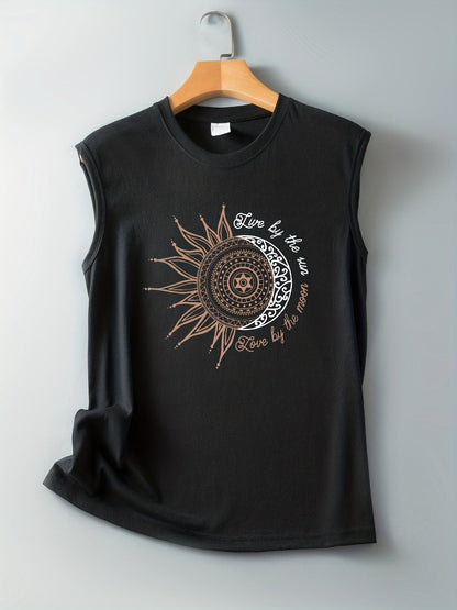 Damen Tanktop mit Boho Sonne-Mond Print – Lässiges Sommer-Shirt im Ethno-Stil