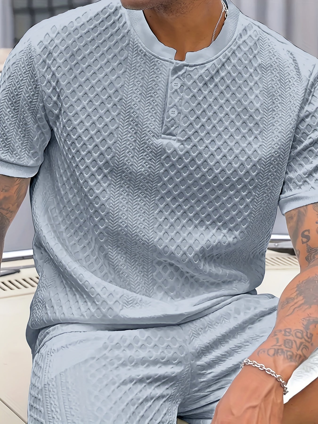 Herren Set mit Strukturmuster – Kurzarm Shirt und Shorts, Casual Sommer Outfit