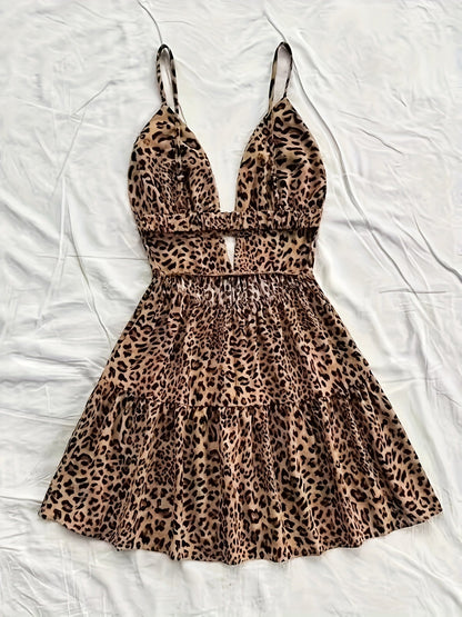 Damen Leopardenmuster Volant Minikleid mit Cut-Out und Spaghettiträgern – Trendiges Freizeitkleid für Urlaub und Sommer