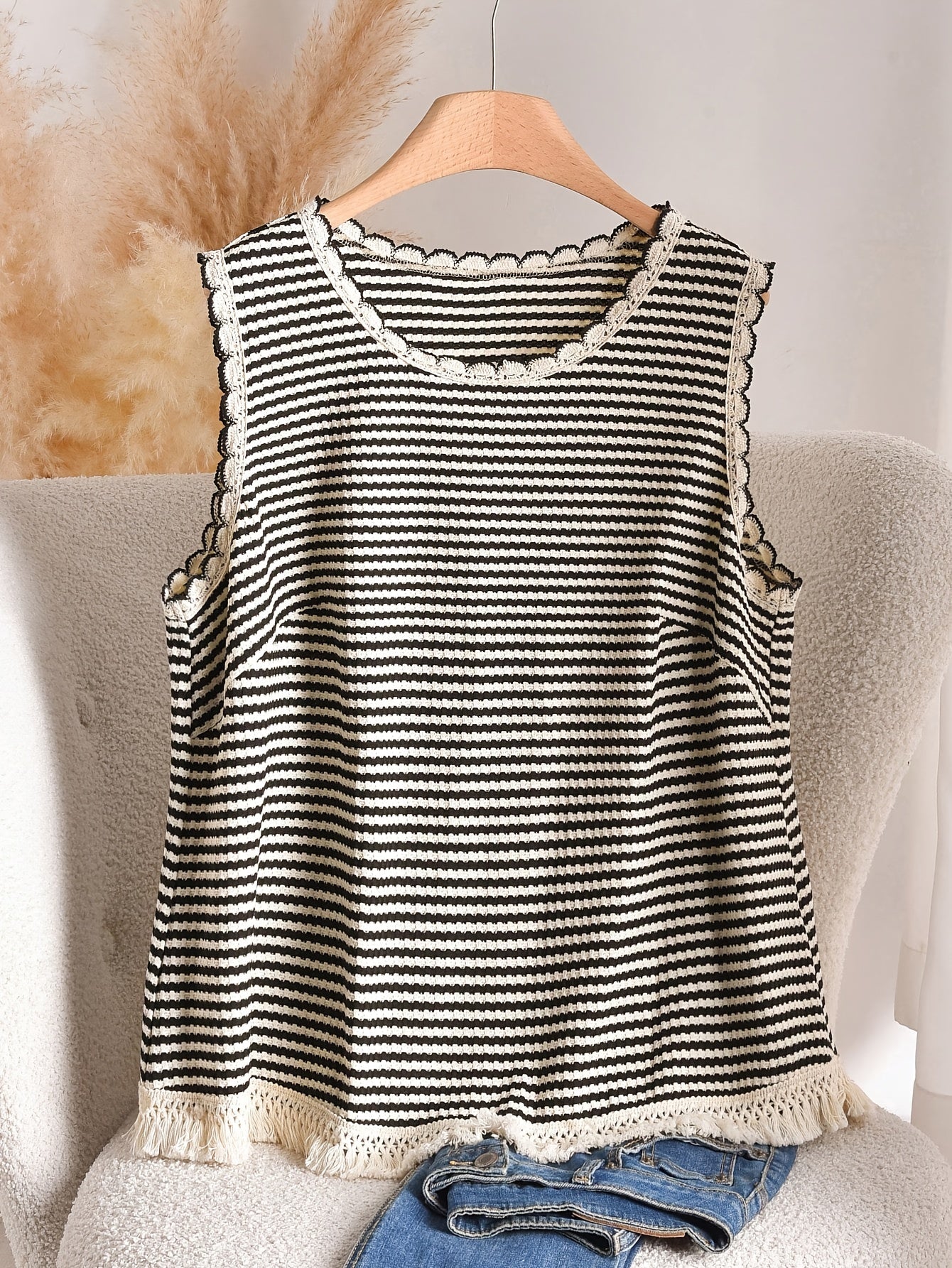Damen Strick-Top im Boho-Stil mit Streifen und Fransen – Lässig & Sommerlich