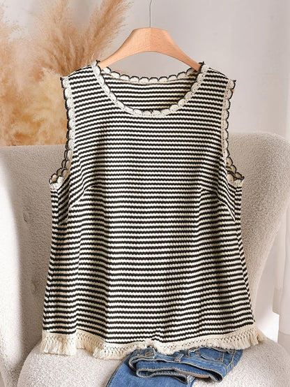 Damen Strick-Top im Boho-Stil mit Streifen und Fransen – Lässig & Sommerlich