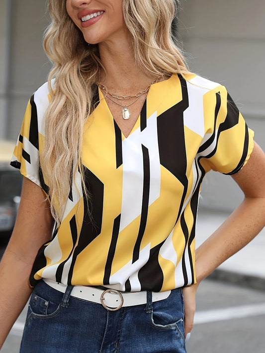 Damen Vintage Bluse mit geometrischem Muster und V-Ausschnitt – Modisches Büro & Freizeitshirt