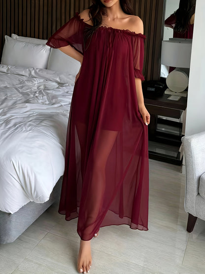 Damen Elegantes Off-Shoulder Nachthemd mit Rüschen – Luftiges Maxikleid für gemütliche Nächte