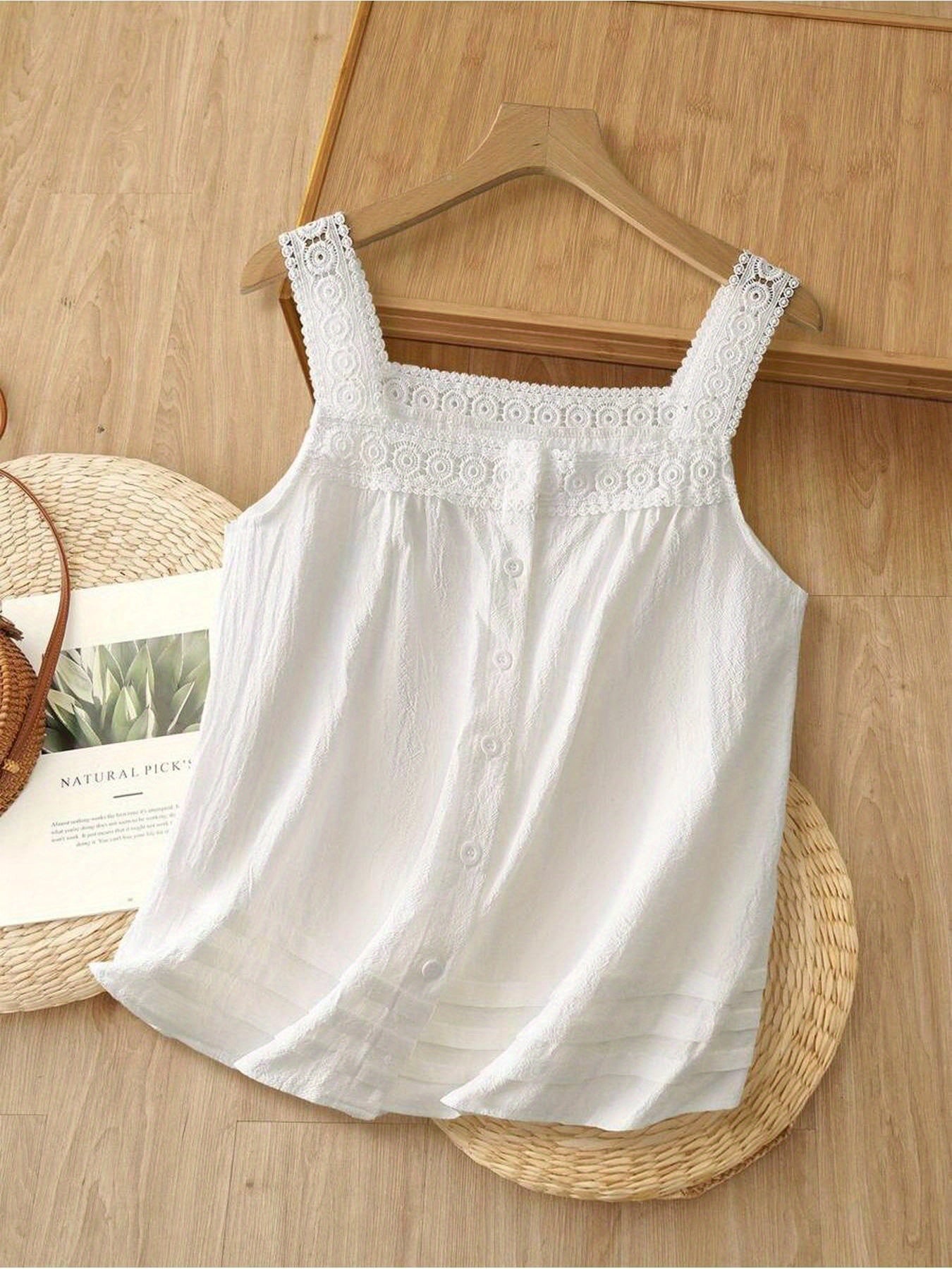 Damen Spitzen-Top mit Knopfleiste und quadratischem Ausschnitt – Romantische ärmellose Bluse für Freizeit und Alltag