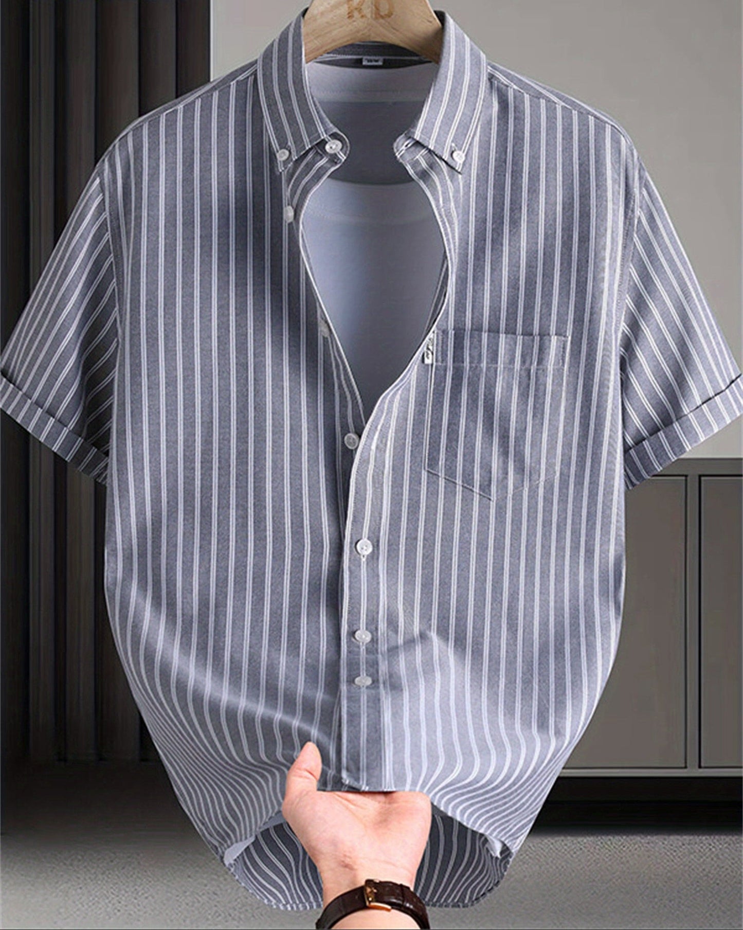 Herren Kurzarm-Hemd mit Streifenmuster und Button-Down-Kragen – Stilvolles Freizeit- und Business-Outfit