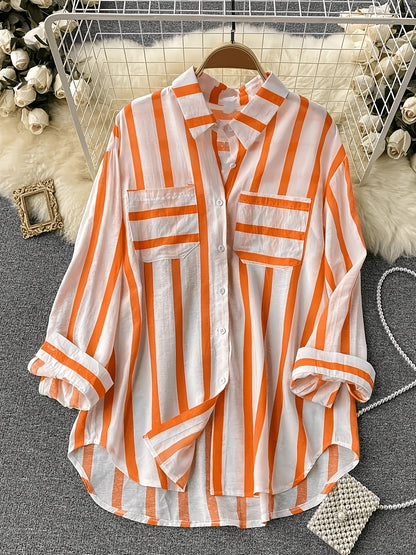 Damen Streifen-Bluse im klassischen Hemd-Stil – Modisches Freizeit- und Büro-Outfit