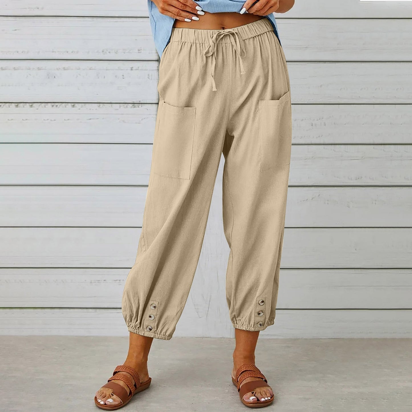 Michelle – Damen Baumwollmischung – Veganes Leinenhose mit Kordelzug und Taschen