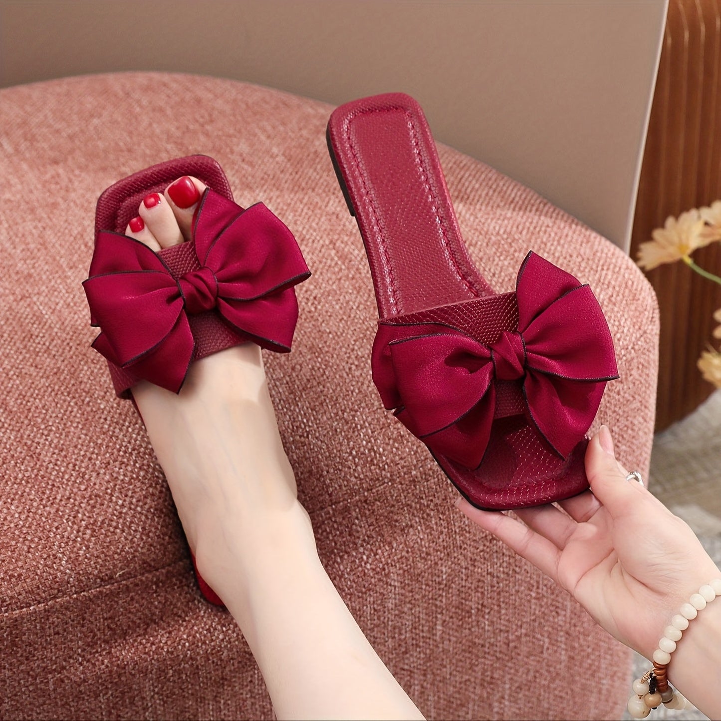 Damen Slide Sandalen mit großer Schleife und modernem Design – Stilvolle Flats für Freizeit & Alltag