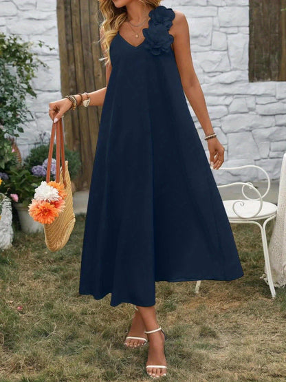 Damen Sommerkleid Elegant mit Blumenapplikation und V-Ausschnitt – Perfekt für Gartenpartys und besondere Anlässe