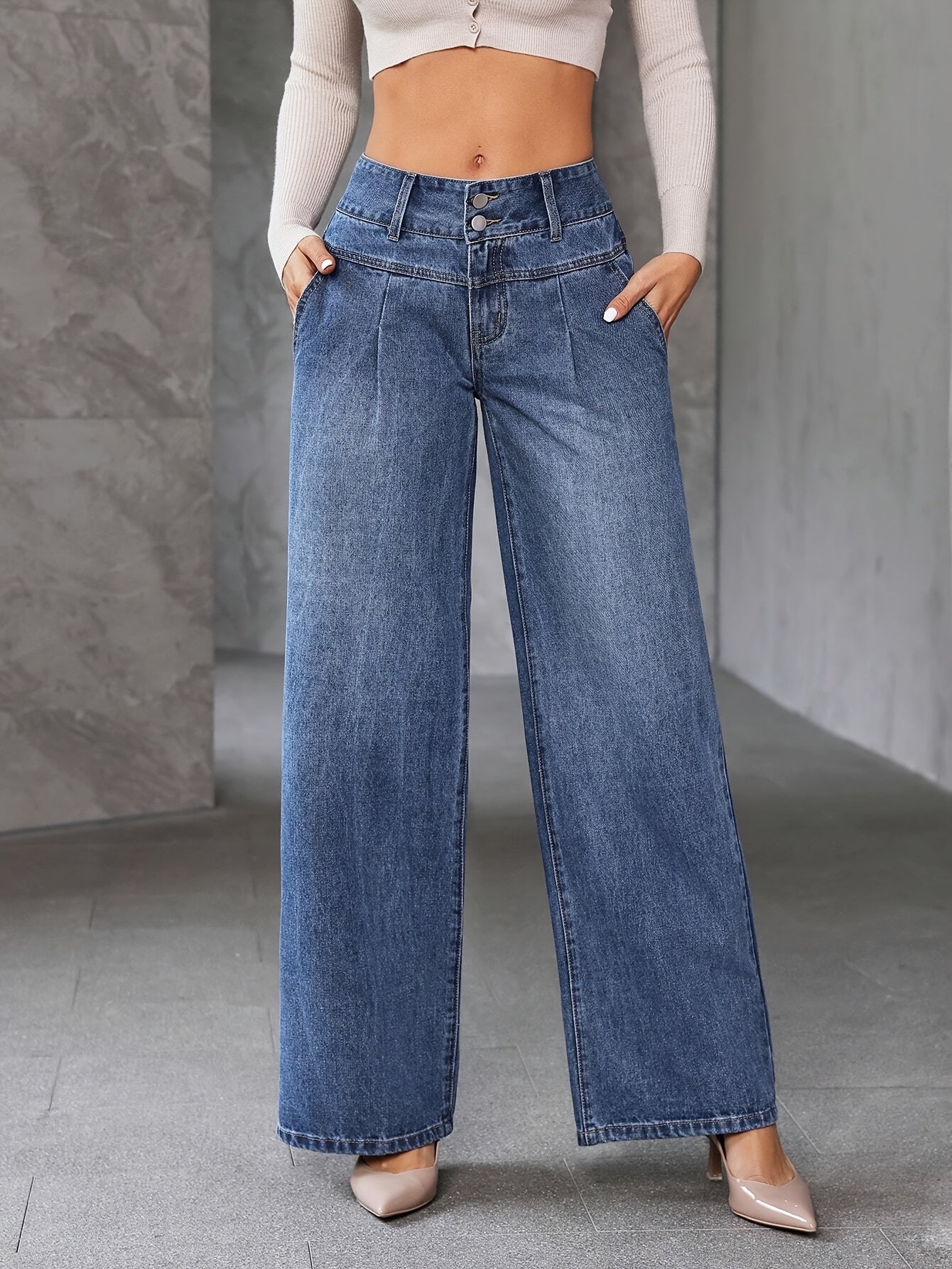 Damen High Waist Weite Schlagjeans – Modische Freizeit-Hose mit weitem Bein