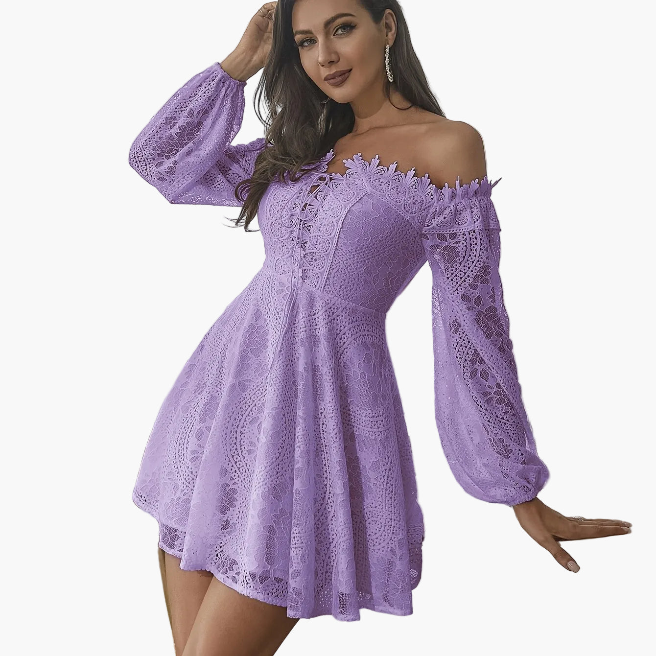 Damen Off-Shoulder Spitzenkleid Elegant Ausgeh-Look Festlich