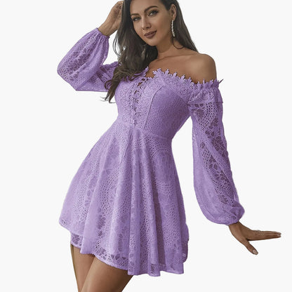 Damen Off-Shoulder Spitzenkleid Elegant Ausgeh-Look Festlich
